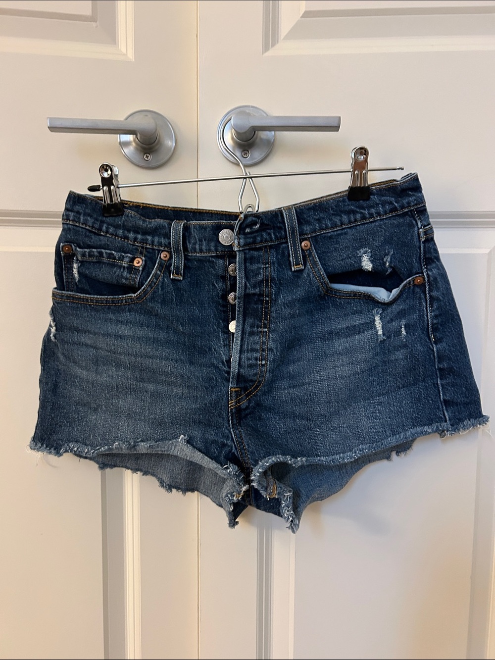 Levi's Dark Blue Distressed High-Rise Denim Shorts